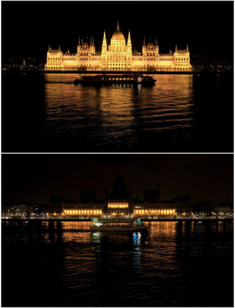 Tòa nhà Quốc hội Hungary trước và trong Giờ Trái Đất ở Budapest. (Nguồn: Reuters)