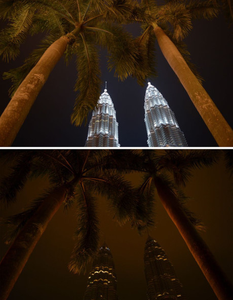 Tháp đôi Petronas ở Kuala Lumpur, Malaysia trước (ảnh trên) và sau khi đèn tắt trong Giờ Trái Đất. (Nguồn: AFP/Getty Images)