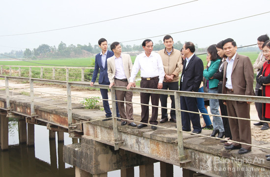 Đoàn giám sát của Thường trực HĐND tỉnh giám sát trực tiếp công trình cầu Phương Tích (huyện Nghi Lộc)