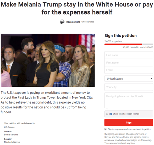 Kiến nghị yêu cầu Đệ nhất Phu nhân Melania Trump chuyển về Nhà Trắng. Ảnh chụp màn hình.