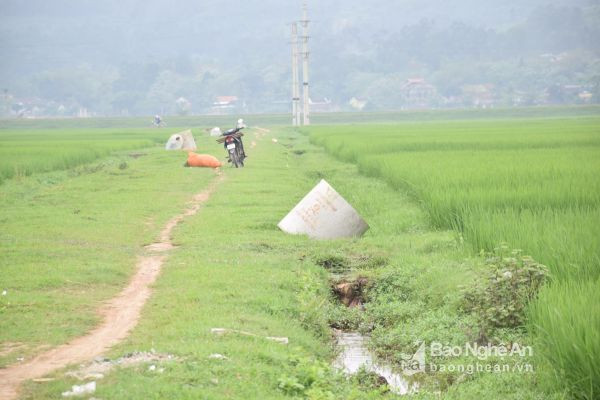 Nhiều thùng đựng rác thải trên địa bàn xã bắc Thành, huyện Yên Thành nằm nghiêng ngã, mất nón đậy như thế này. Ảnh Xuân Hoàng