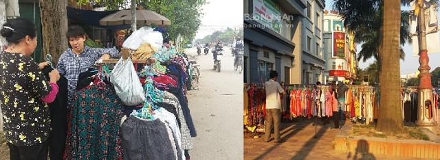 Vỉa hè đường Trần Phú đoạn qua siêu thị Big C đã biến thành chợ quần áo xe đẩy vào mỗi chiều, lấn chiếm hết phần đường dành cho người đi bộ. Ảnh: Thanh Tâm