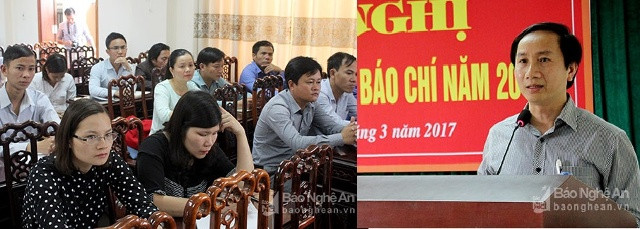 Đồng chí Trần Văn Hùng - Phó Tổng biên tập Báo Nghệ An phát biểu đánh giá cao vai trò của đội ngũ cộng tác viên ở cơ sở. Ảnh Nguyên Nguyên