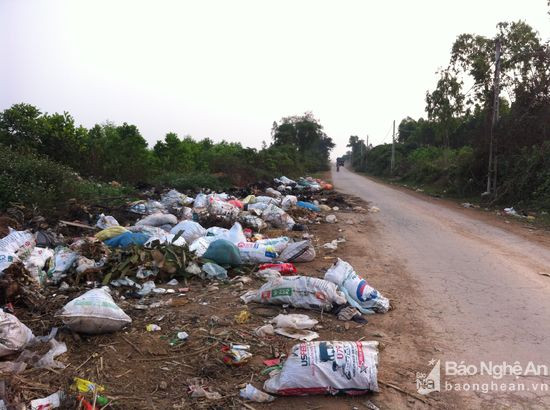 Trên tuyến QL48 qua địa phận xã Quỳnh Thắng có rất nhiều rác thải vứt khắp đường. Ảnh: Thủy Lợi.