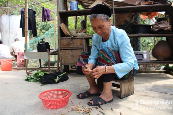 Sau khi lấy ngọn lụi từ trong về thì phải bóc bỏ vỏ ngoài chỉ lấy lõi non phía trong. Ảnh: Đình Tuân