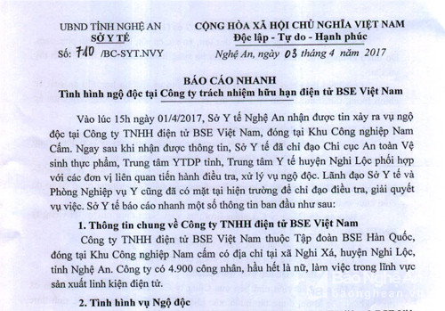 Văn bản báo cáo, chỉ đạo của Sở Y tế Nghệ An về vụ ngộ độc xảy ra tại Công ty TNHH điện tử BSE. Ảnh: Thành Chung.