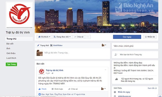 Giao diện trang facebook trật tự đô thị Vinh. Ảnh: Thành Duy.