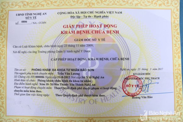 Giấy phép hoạt động của Phòng khám Đa khoa Bảo Sơn được cấp ngày 25/3/2017. Ảnh PT-T.Đ