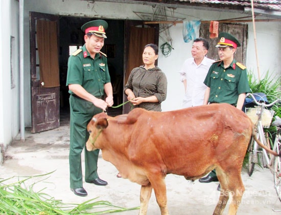 Trung tá Trần Vũ Hải - Chỉ huy Trưởng Ban Chỉ huy quân sự huyện Quỳnh Lưu tặng me cho gia đình giáo dân Nguyễn Thị Thương. Ảnh: Thúy Nga