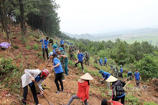 Hơn 300 đoàn viên thanh niên cùng lực lượng vũ trang trên địa bàn huyện Nam Đàn tham gia phát dọn tực bì, tạo đường băng cản lửa. Ảnh: H.T