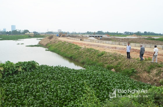 Đoạn kênh mương thủy lợi ở cánh đồng Hưng Dũng nhập vào sông Rào Đừng đã bị chia tách bởi đường bao quanh Hồ điều hòa. Ảnh Nhật Lân