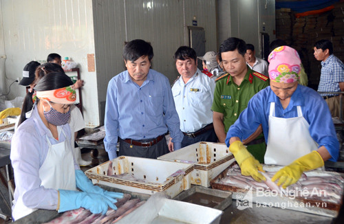 Kiểm tra hoạt động chế biến, kinh doanh hải sản ở Công ty TNHH Phương Mai, thị xã Hoàng Mai. Ảnh: Thành Chung