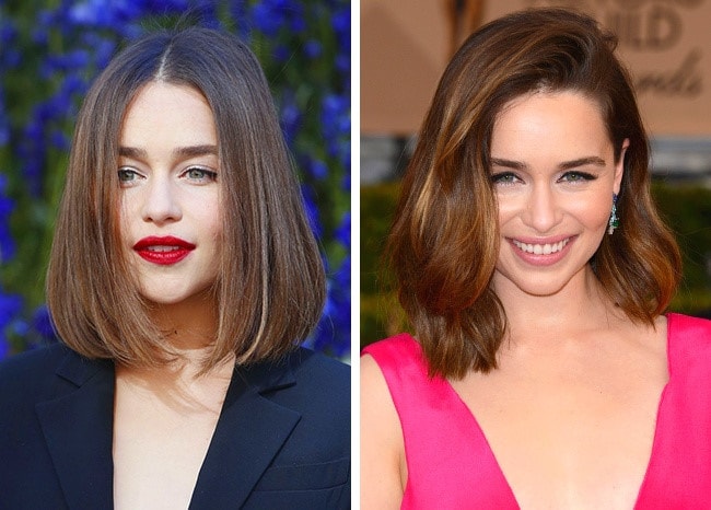 Ngôi sao phim Me Before You, Emilia Clarke đầy biến hoá trong hai kiểu tóc ngắn khác nhau. Kiểu chẻ giữa, suông thẳng hai bên và cúp vào phần đuôi khiến gương mặt trông thon gọn và cá tính hơn. Còn với kiểu để mái dài, uốn gợn giúp nữ diễn viên trở nên nữ tính và nhẹ nhàng.  