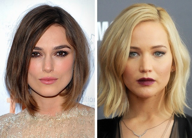 Kiểu tóc chữ V, chẻ lệch cúp vào như Keira Knightley hay uốn gợn nhẹ giống minh tinh Jennifer Lawrence đều giúp giương mặt trở nên góc cạnh hơn. 