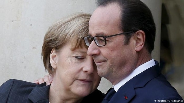 Thủ tướng Merkel chia sẻ với cựu Tổng thống Pháp F. Hollande về vụ khủng bố ở Paris năm 2015. Ảnh: Getty