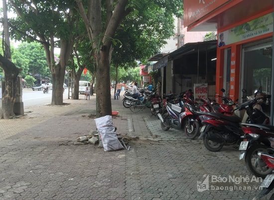 Mặc dù đang trong đợt cao điểm của chiến dịch giải tỏa vỉa hè, nhưng do nhiều tuyến đường vỉa hè không còn vạch kẻ phân biệt phần dành cho người đi bộ và phần cho phép để xe máy, dẫn đến tình trạng người dân dừng đỗ xe ngổn ngang, bày bán hàng quán ra ngoài chỉ giới vạch tái diễn thường xuyên. (Ảnh chụp trên đường Nguyễn Thái Học, TP Vinh. Phần kẻ vạch trắng gần như “biến mất”)