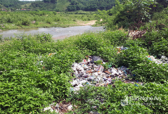Người dân phản ánh về bãi rác chỉ cách trường mầm non xã Mậu Đức (Con Cuông) chừng 100m. Ảnh: Hữu Vi