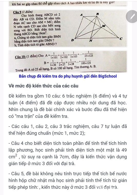 Các ý kiến nhận xét về đề thi được đăng tải trên trang Big School. Ảnh: SH