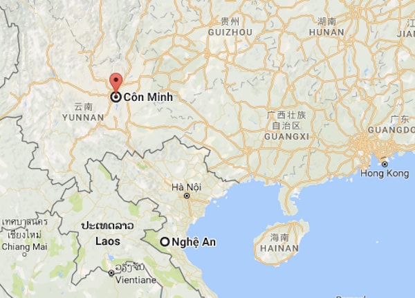 Vị trí của thành phố Côn Minh trên bản đồ. Ảnh: Google map