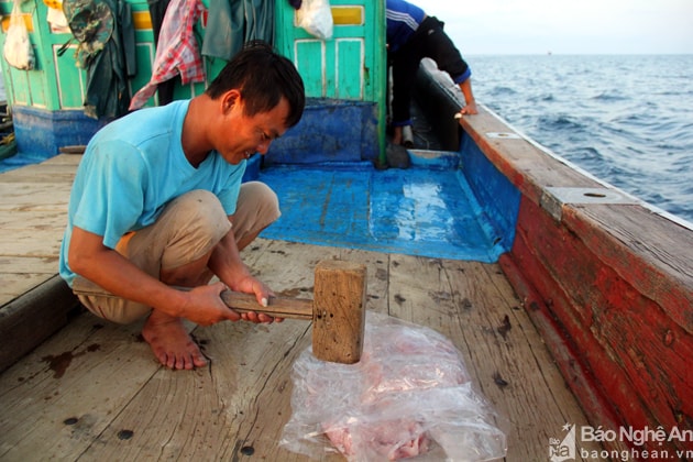 Cách làm chả cả thủ công trên tàu ngư dân. Ảnh. Tiến Hùng.