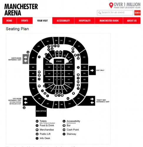 Ảnh này thể hiện các vị trí bên trong Đấu trường Manchester. Nơi nổ bom là sảnh vào của khu vực hòa nhạc. Ảnh: Daily Mail.