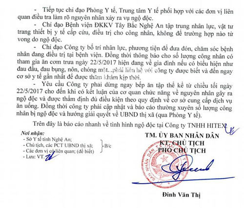 Báo cáo nhanh tình hình vụ ngộ độc của UBND thị xã Thái Hòa nêu rõ việc đình chỉ hoạt động đối với bếp ăn. Ảnh: Thanh Sơn