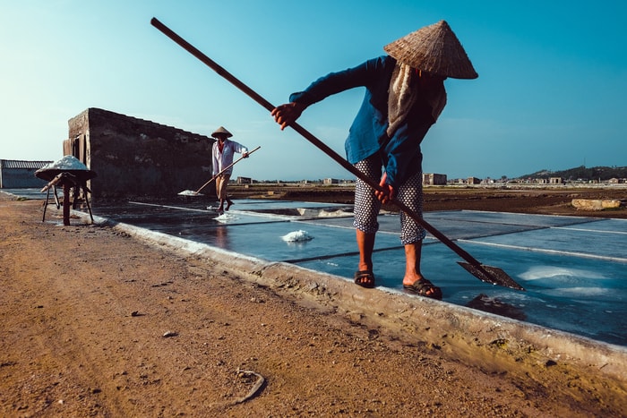 Muối đọng lại đến cuối ngày. Diêm dân vun muối để chất lên xe đẩy. Ảnh: Lê Thắng