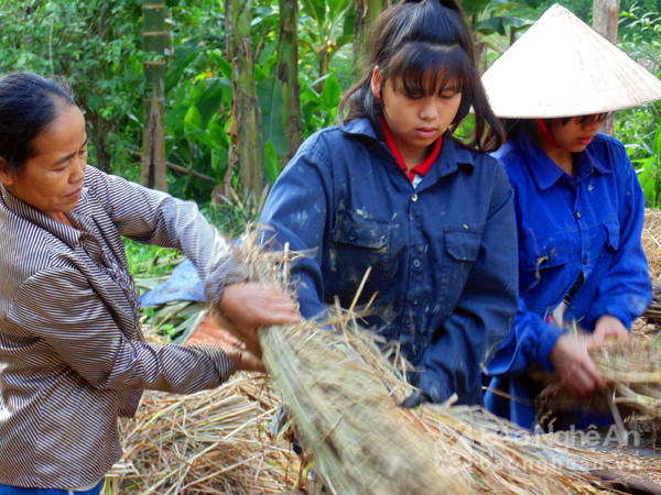 Người dân đội 3, xã Thanh An (Thanh Chương) tuốt lúa. Ảnh: Hữu Vi