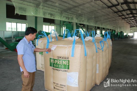 Ông Nguyễn Trung Thành – Phó Giám đốc Công ty CP ĐT & PT Hà Tiến kiểm tra lô hàng hạt nhựa trước khi xuất khẩu. Ảnh: Hoàng Vĩnh