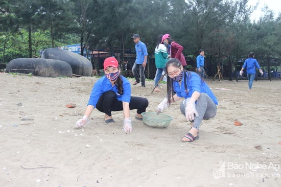 Đoàn viên thanh niên TX Cửa Lò thu gom rác thải làm sạch bãi biển. Ảnh Hoài Thu