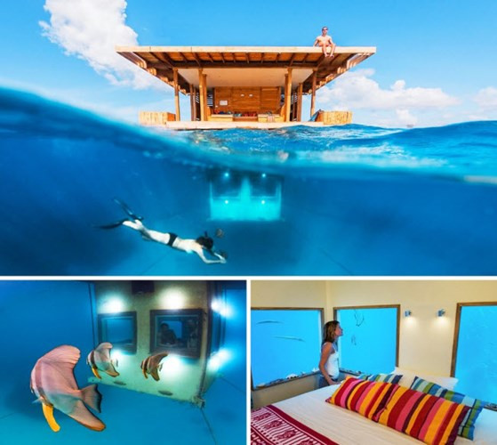 Manta Resort, Tanzania: Nằm trên đảo Pemba, khách sạn này nằm nửa chìm nửa nổi trên mặt biển. Du khách có thể thưởng thức cocktail và ngắm cảnh biển từ trên cấu trúc nổi của khách sạn hay quan sát sinh vật biển từ phòng chìm dưới nước.