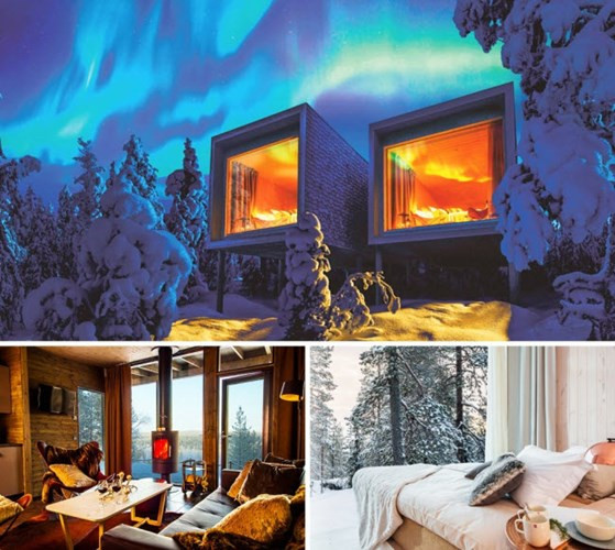 Arctic TreeHouse, Phần Lan: Khách sạn vùng Bắc Cực này bao gồm các căn hộ sang trọng nằm giữa rừng cây ở Lapland, quê hương của ông già Noel. Từ phòng tại khách sạn, du khách có thể quan sát ánh sáng Bắc cực quang kỳ ảo.