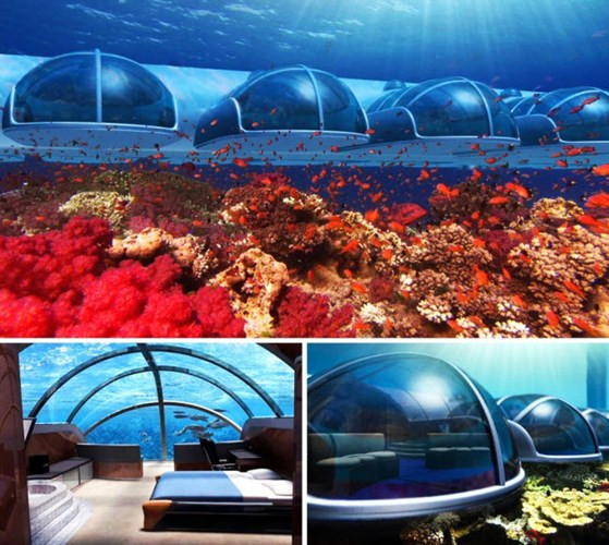 Poseidon Undersea Resort, Fiji: Khách sạn độc đáo này có 74 phòng, bao gồm 25 phòng ngập sâu 15m dưới mặt nước biển. Khu phòng dưới nước rộng 50 m2 và được kết lối với nhau bằng hành lang ngầm. Trong khi nghỉ ngơi tại phòng của mình, du khách có thể quan sát cuộc sống của các loài sinh vật biển qua cửa sổ kính trong suốt.
