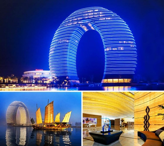 Sheraton Hồ Châu, Trung Quốc: Khách sạn sang trọng này có hình dạng cực kỳ đặc biệt, với 27 tầng bao gồm 2 tầng ngập dưới nưới. Đây cũng là một trong số 10 khách sạn đắt đỏ nhất thế giới.