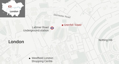 Vị trí tháp Grenfell, London. Đồ họa: CNN.