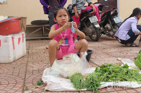 Mới 5 tuổi nhưng bé gái Lô Thị Việt Hà ở bản Lũng, xã Tam Thái (Tương Dương) đã biết bán hàng giúp mẹ (Từ bản Lũng ra chợ Tam Thái khoảng hơn 3 km). Ảnh: Đình Tuân