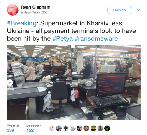 Máy tính ở một siêu thị phía Đông Ukraine ngưng hoạt động do bị virus Petrwrap tấn công.