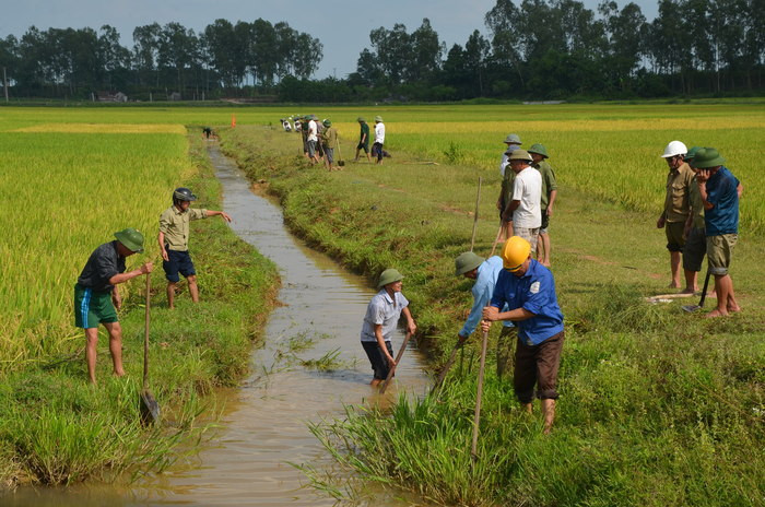Nông dân xã Đông Sơn (Đô Lương) khơi thông thủy lợi chăm sóc lúa hè thu mùa. Ảnh: Lương Mai