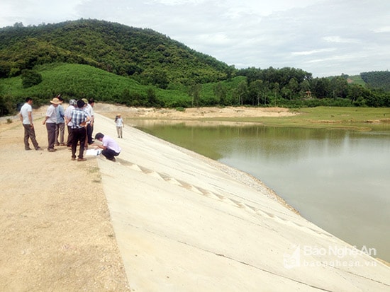 ở NN&PTNT và UBND huyện Yên Thành nghiệm thu và kiểm tra các hạng mục sửa chữa đập Trại Xanh xã Bắc Thành. Ảnh Thái Dương