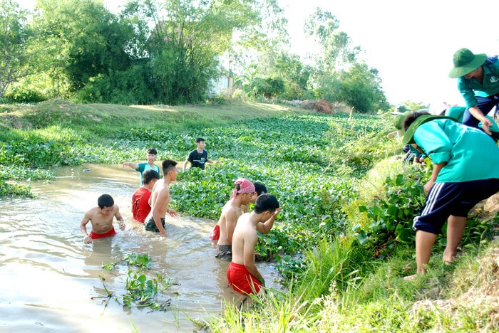 Kênh 79 là con kênh lớn, dẫn nước tưới tiêu cho đồng ruộng các xã Kim Liên, Nam Cát, Nam Giang. Thời gian gần đây, kênh thường bị bèo tây bao bọc kín mít. Dịp này, đoàn tình nguyện quyết định tổ chức vớt bèo khơi thông dòng chảy. Ảnh: Huy Thư