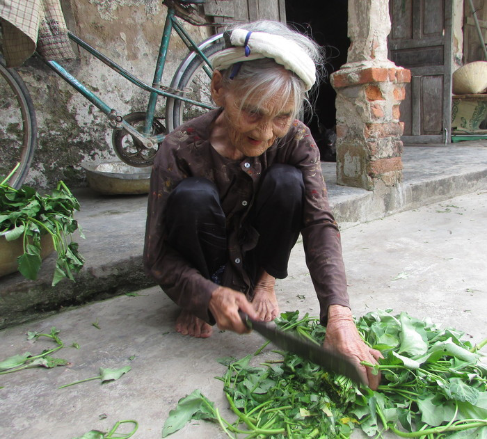 Bà Phạm Thị Bài - mẹ chồng chị Thân dù năm nay đã hơn 80 tuổi vẫn làm việc nhà để chị yên tâm lo việc đồng áng. Ảnh: Như Sương