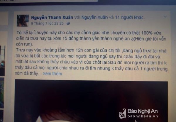 Thông tin bé Vân mất tích nhanh chóng lan truyền trên mạng xã hội. Ảnh: Lan Thái