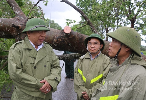 Đồng chí Nguyễn Xuân Đường – Chủ tịch UBND tỉnh kiểm tra công tác khắc phục bão số 2 ở Đô Lương. Ảnh: Hữu Hoàn