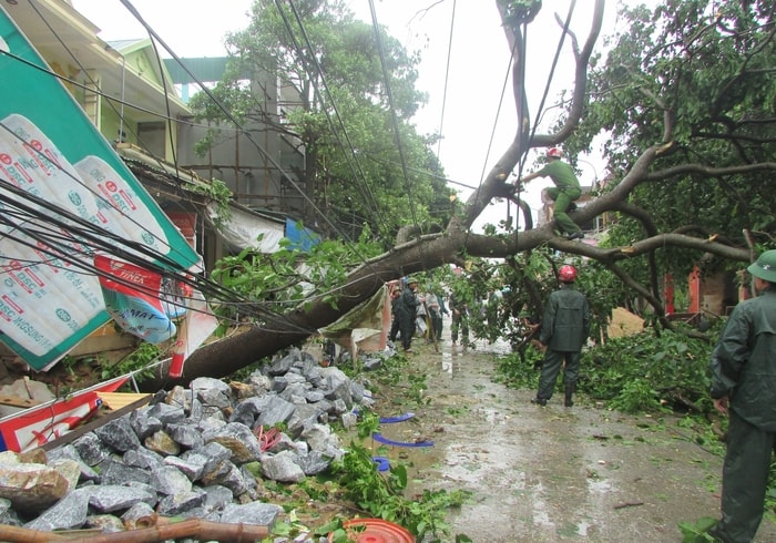 Lực lượng vũ trang huyện Tân Kỳ giải quyết tình trạng cây xanh bị đổ gãy trên nhiều tuyến đường. Ảnh: Phương Thảo