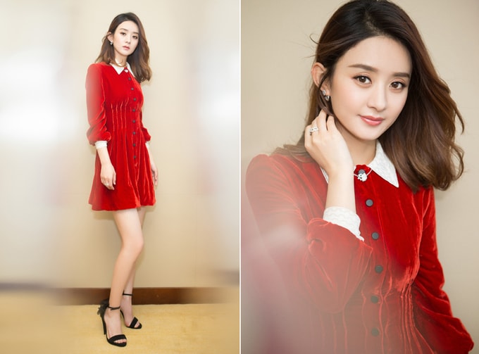 Cô tiết chế trang sức khi mặc váy đỏ hồng nhung của Dior.