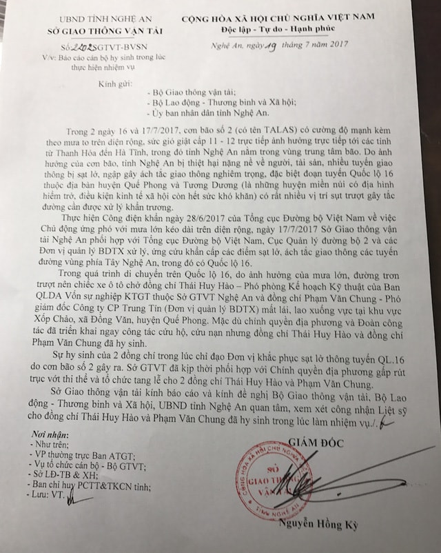 Công văn của Sở GTVT đề nghị công nhận liệt sỹ cho 2 cán bộ hy sinh trong lúc làm nhiệm vụ. 