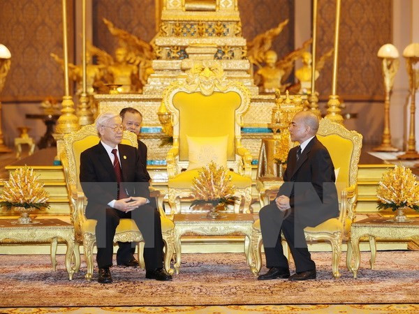 Tổng Bí thư Nguyễn Phú Trọng hội đàm với Quốc vương Campuchia Norodom Sihamoni. Ảnh: TTXVN