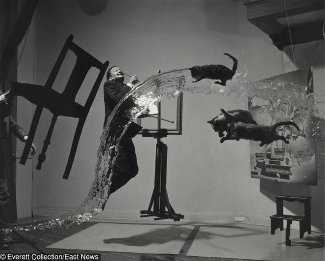 Ngày nay, thật dễ dàng để tạo ra bức ảnh như thế này trong vòng nửa giờ với công nghệ Photoshop. Tuy nhiên phải mất đến 6 giờ để tạo ra nó vào năm 1948. Nhiếp ảnh gia Philippe Halsman, một người bạn tốt của Salvador Dali, đã ủng hộ ý tưởng sáng tạo của ông. Giá vẽ và hình vẽ được treo lên trên trần nhà bằng một sợi dây, một người trợ lý giữ chiếc ghế, Dali nhảy, con mèo nhảy, nước bắn ra tung tóe rồi lau lại. Hành động này lặp đi lặp lại đến 28 lần trước khi bắt được bức hình.