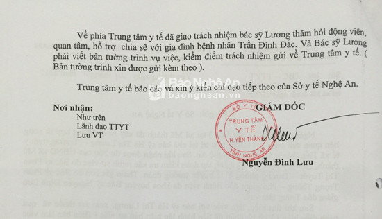 Báo cáo vụ việc của Trung tâm y tế huyện Yên Thành. Ảnh: Thanh Sơn