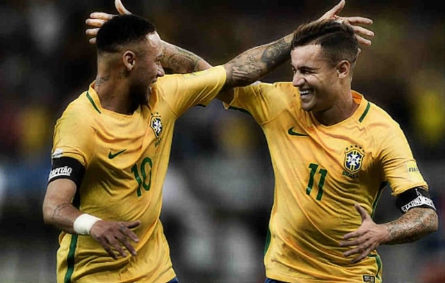 Bộ đôi Neymar – Coutinho chơi rất ăn ý trong màu áo ĐT Brazil. Ảnh: Internet.